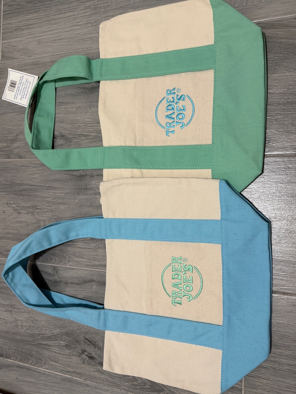 2 Trader Joe's Mini Canvas Tote Bag in Cream with Green and Blue